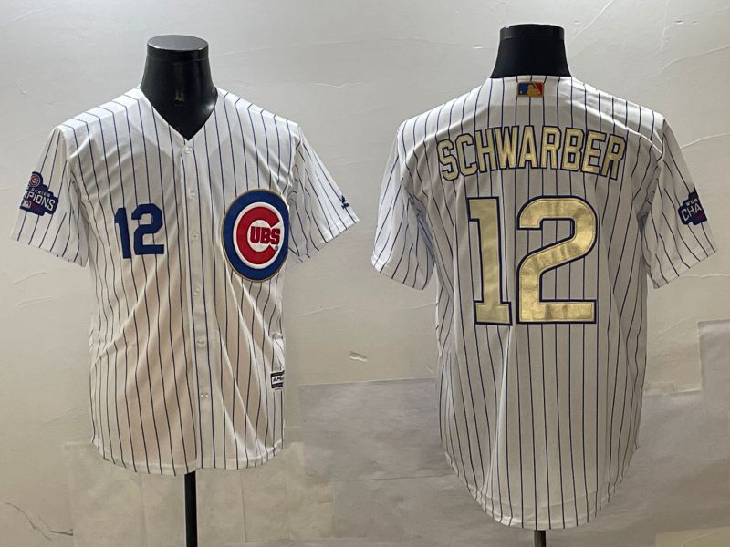 Men Chicago Cubs #12 Schwarber White Stripe Gold Game 2025 Nike MLB Jersey style 3